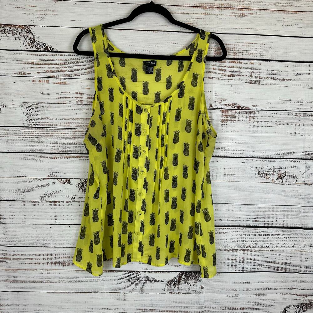 TORRID Neon Yellow Black Sheer Sleeveless Pineapple Print Blouse Womens Size 1X